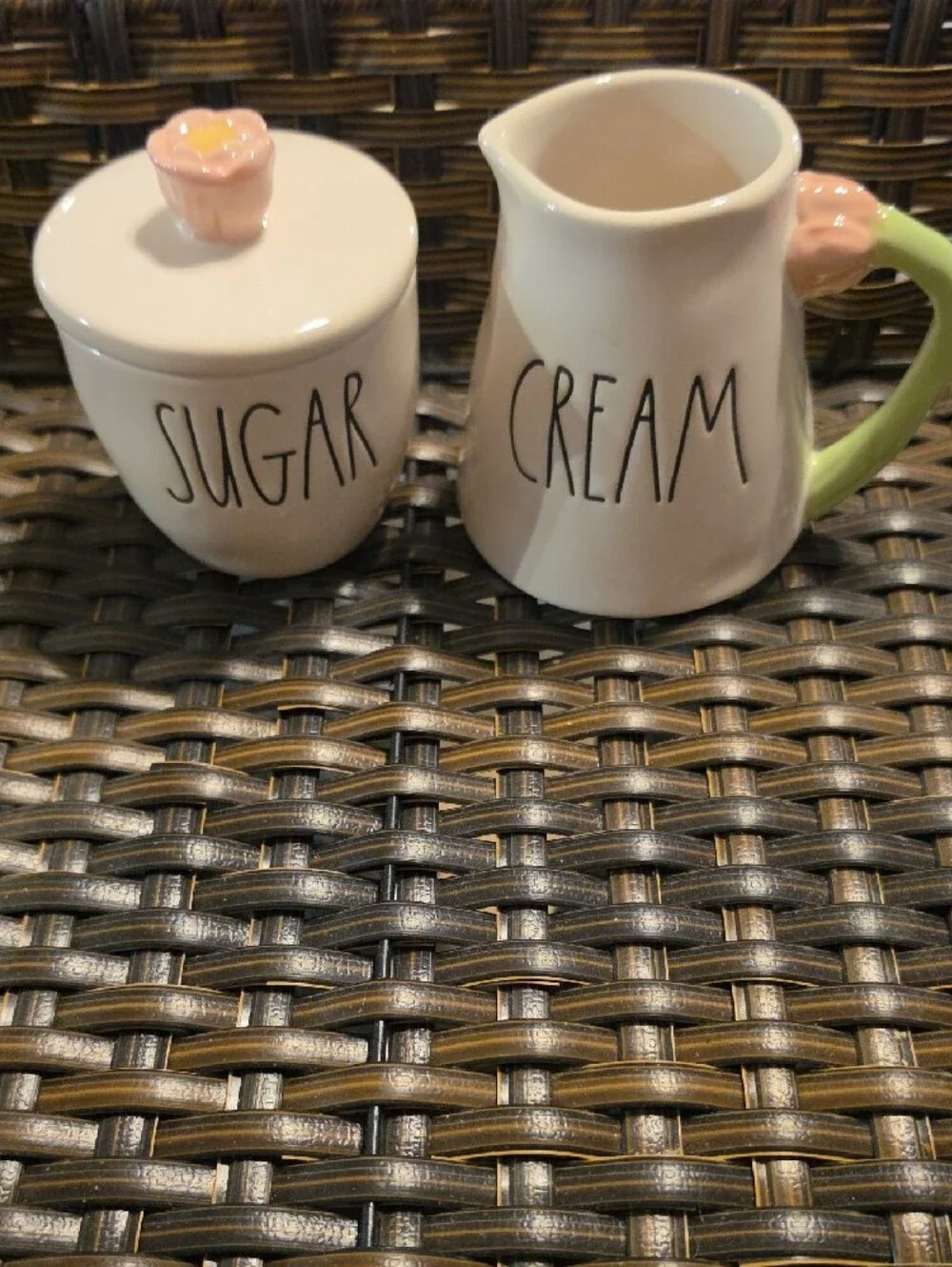 Rae Dunn White Ceramic Cream & Sugar Set with Pink Flower Accents New